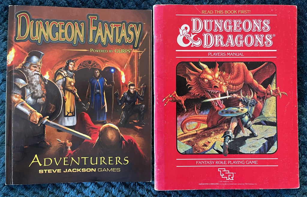 Dungeon Fantasy RPG and Basic D&D (1983) rules next to one another.