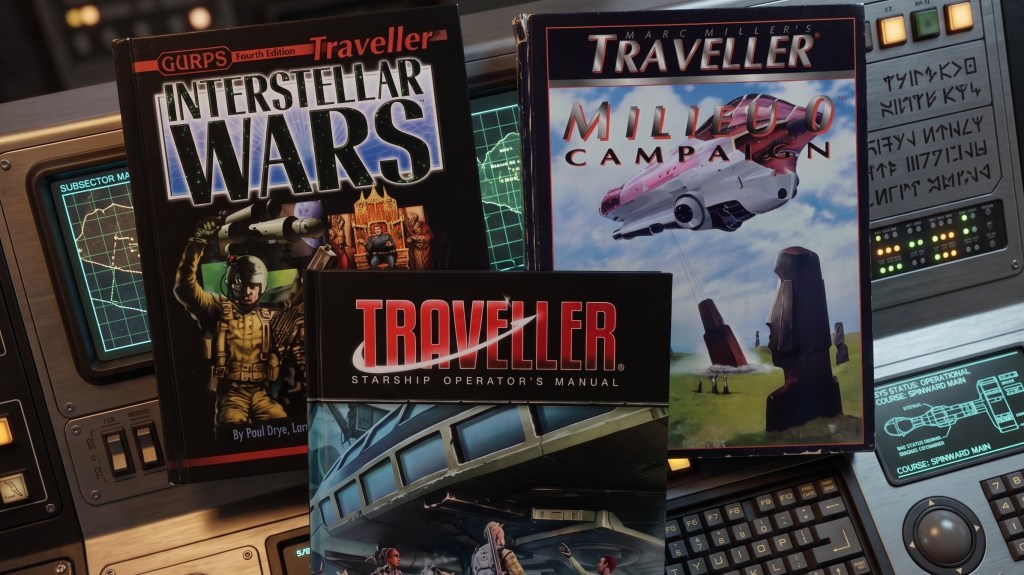 Photo of my actual real Traveller books set on a starship navigator's console. 